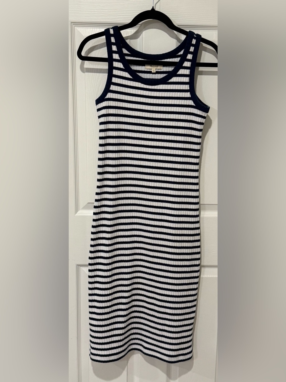 Madewell AO343 Ribbed Tank Midi Dress XS Blue White Stripe Scoop Neck